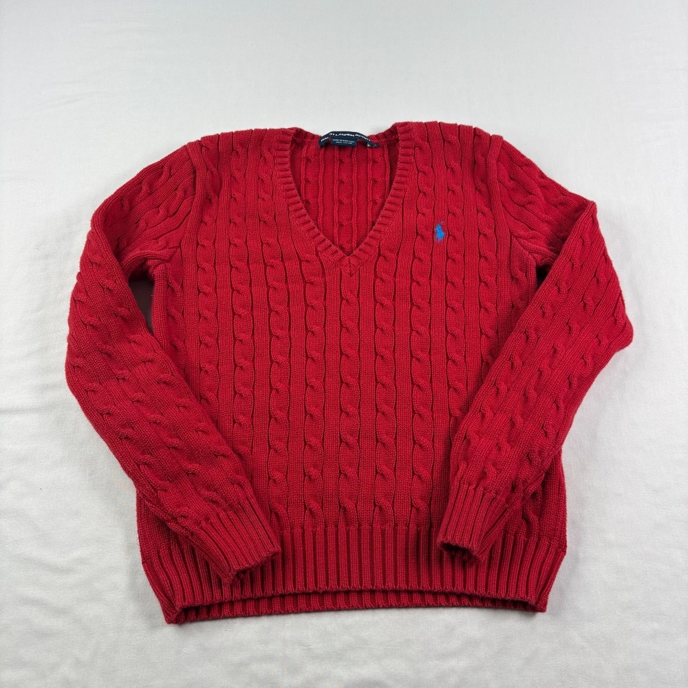 Ralph Lauren Red Cable-Knit V-Neck Sweater